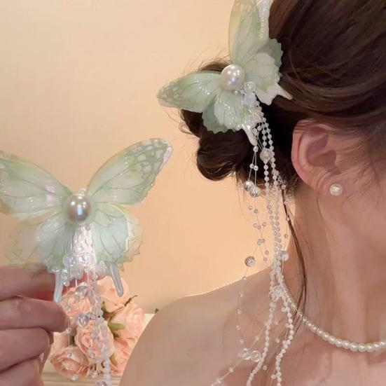 Girls Hair Pin Butterflies Decor Faux Pearls Beaded Long Tassel Hair Clip Wedding Prom Birthday Hair Barrette