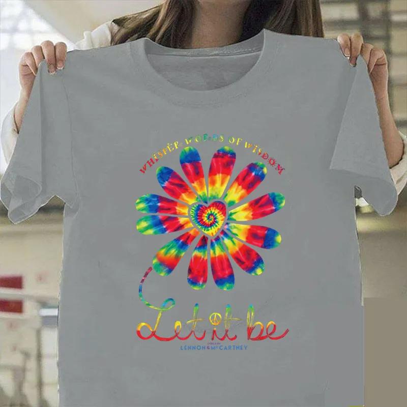 Let It Be Renkli Ayçiçeği Baskılı Tişört Kadın Kısa Kollu O Yaka Bol Tişört Kadın Günlük Tişört Üstler Camisetas Mujer