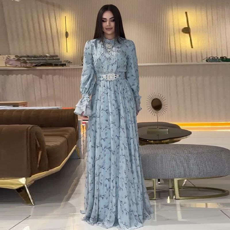

2024 Осень Нежный Стиль Женское Цветочное Макси Платье Свободного Покроя L светло-синий