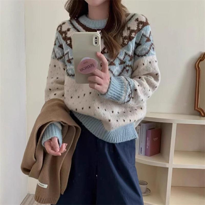 Vintage contrasting colors Jacquard Fair Island pullover sweater autumn and winter new soft waxy loose lazy crew neck knitted sweater top