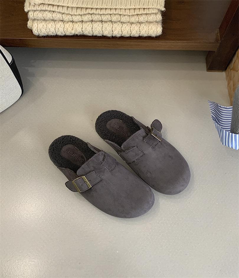 Flat shoes 2025 autumn and winter new Korean version one-word fluffy slippers women wear flat-bottomed Boken velvet cotton shoes