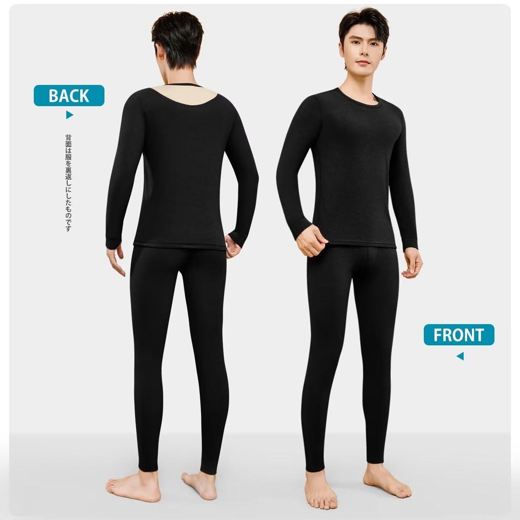 Nesseo Warm Underwear Brushed Long Sleeve Winter Size Men's Set, Double-Sided Fleece, Shirt, Underpants, Lightweight, Wear, 9909M-blk-XL