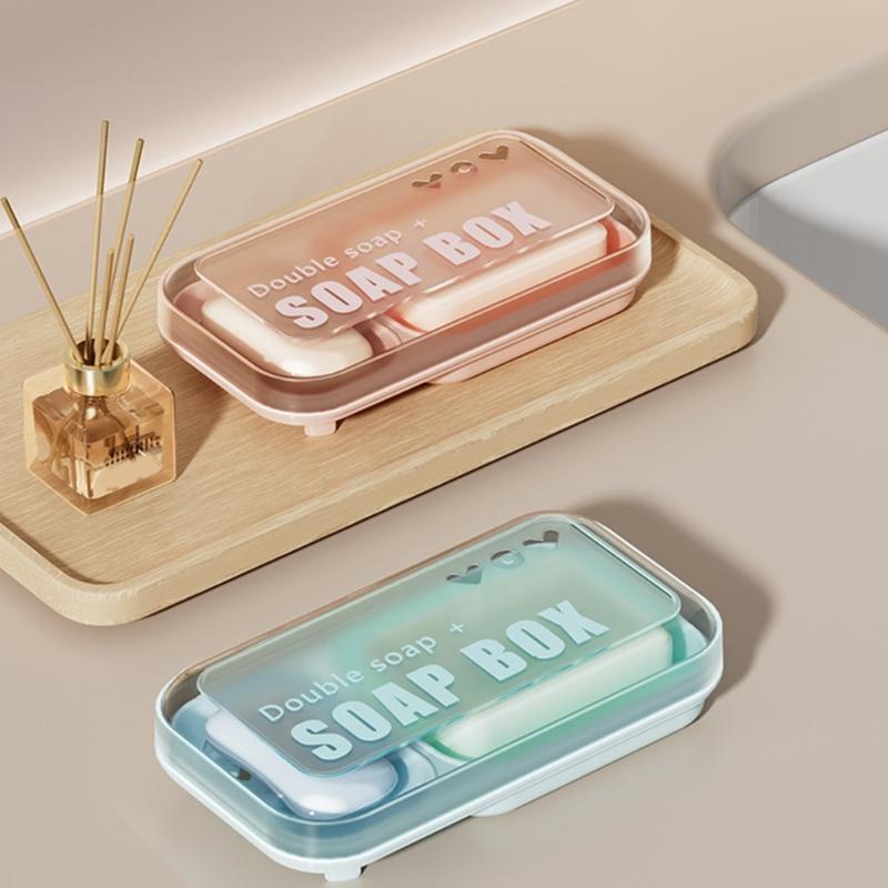 Double Compartment Soap Dish Storage Box With Drain Holes And Lid For Bathroom Travel Dorm Hygienic Storage Organizers