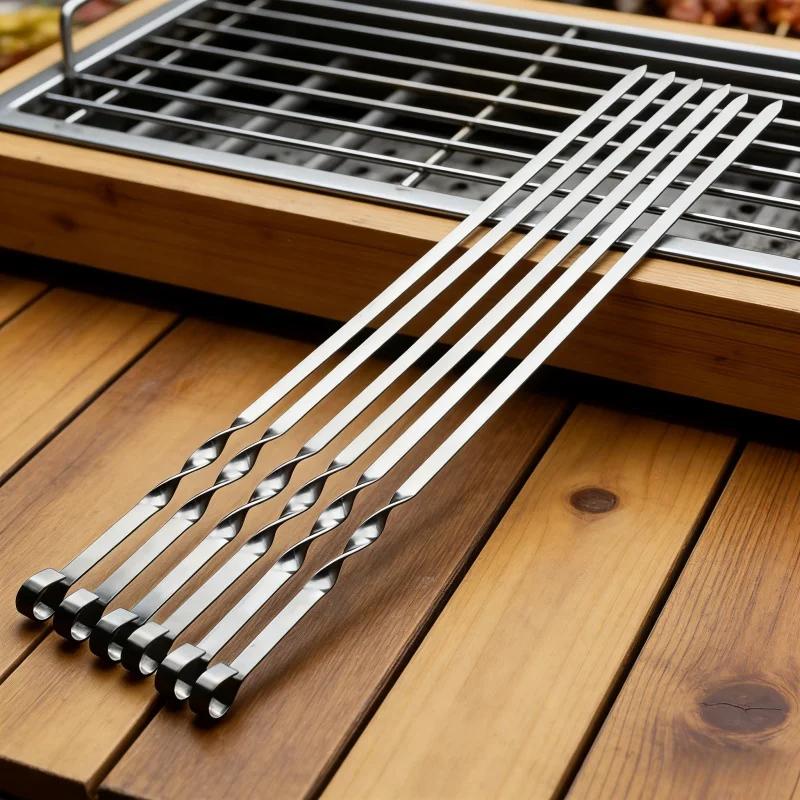 55cm BBQ Skewers Long Handle Shish Kebab Barbecue Grill Sticks Wood BBQ Fork Stainless Steel Outdoor BBQ Cooking Tool Supplies