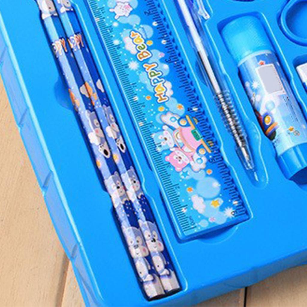 Tecknad Skolmaterial Blå Pennor Kulspetspenna Suddgummi Vässare Sax Klämma Barn Pappersvaruset