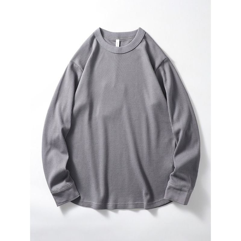 American-Style Retro Three-Pin Waffle Long-Sleeved T-shirt Men's Spring and Autumn Heavy round Neck Bottoming Shirt Export Menswear T-shirt