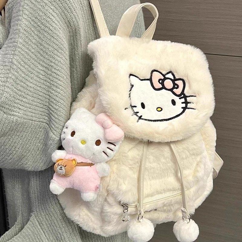 Kawaii Drawstring Flap Plush Backpack, My Melody Hello Kitty Pochacco Soft Fuzzy School Bag with Decor Casual Fluffy Daypack