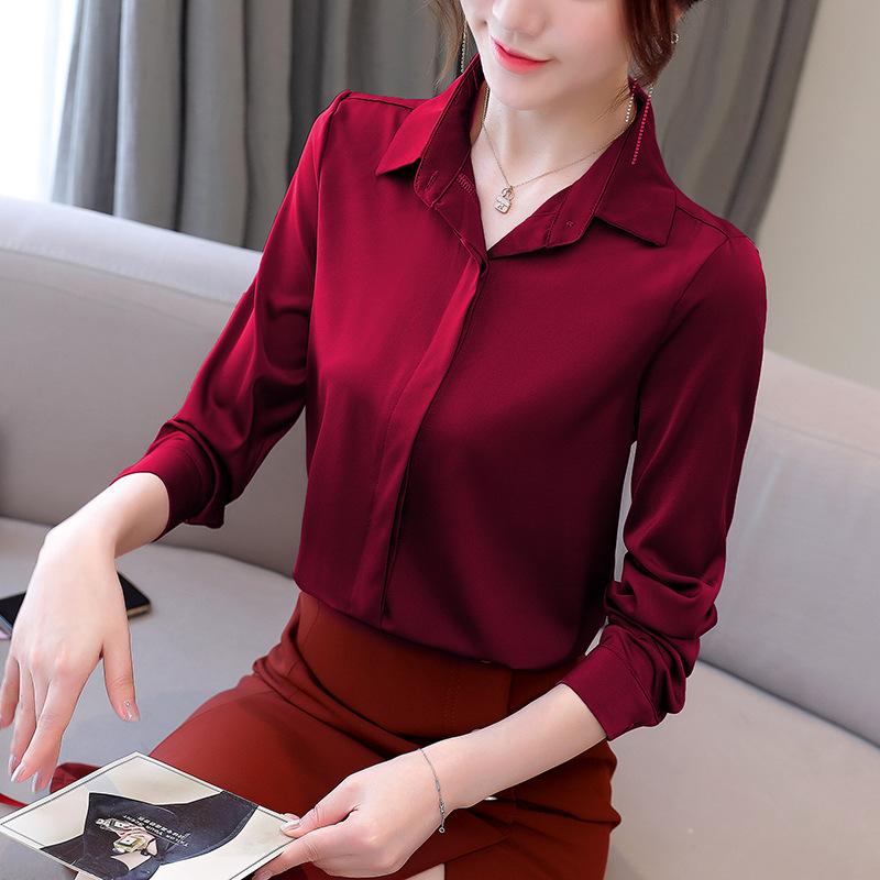 1111 Autumn New Satin Shirt Professional Long Sleeve Top Slim Bottom Lapel Solid Color Shirt Women's Lining