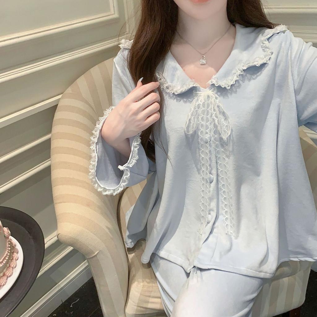 Autumn new double-sided island velvet pajamas women's new lace solid color long-sleeved trousers doll collar loungewear sweet