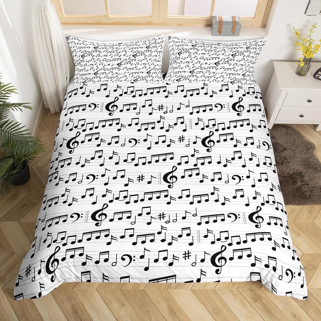 Musical Note Bedding Set Queen,Black White Comforter Cover Girls,Kids Piano Duvet Cover Set Music Theme Bedspread Cover