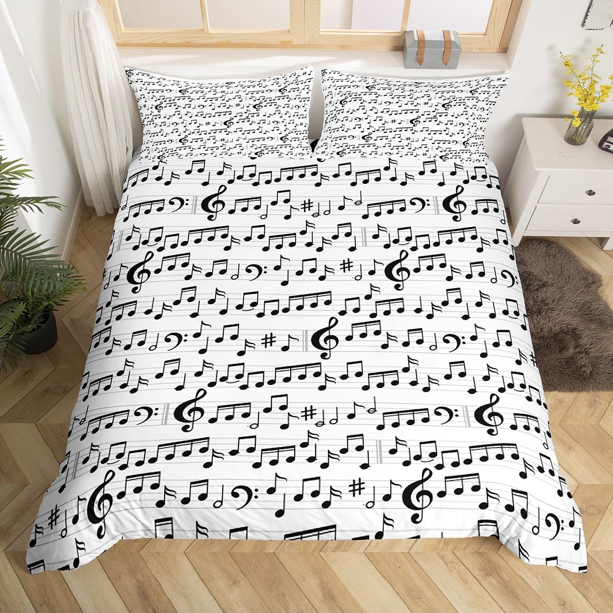 Ensemble de literie Note de musique Queen, Housse de couette Noir Blanc Filles, Ensemble housse de couette Piano Enfants Housse de couvre-lit Thème Musique EU Single(135x200cm)