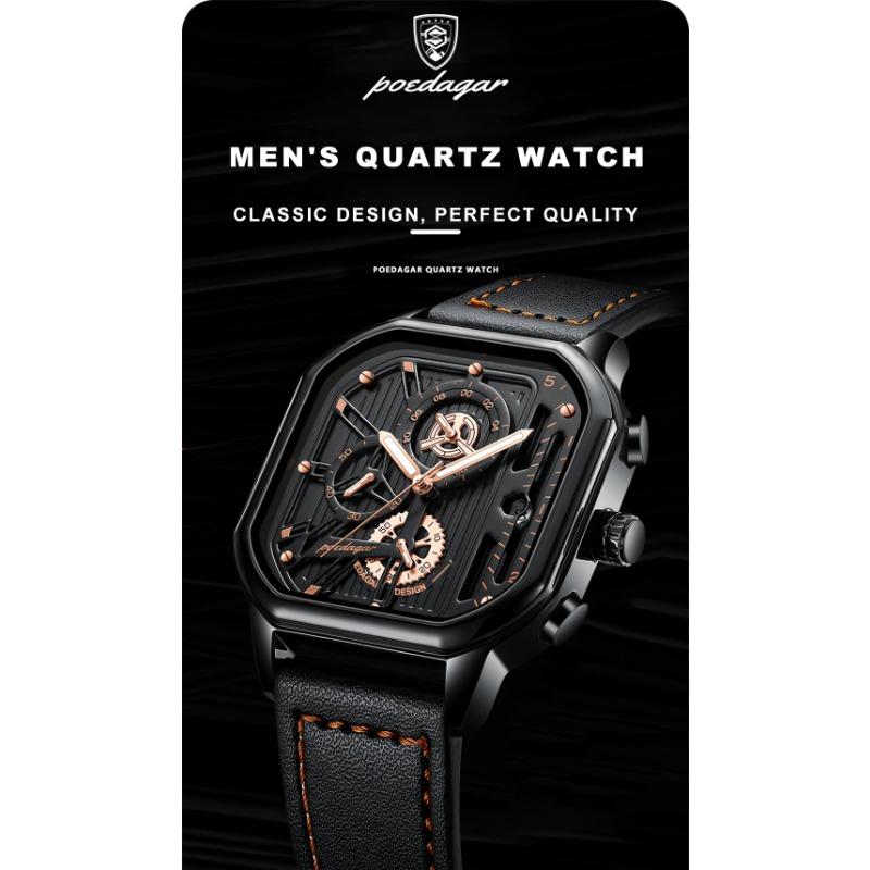 POEDAGAR Luxury Casual Men's Watch Fashion Sports Chronograph Leather Watches Waterproof Luminous Military Wristwatch Gift