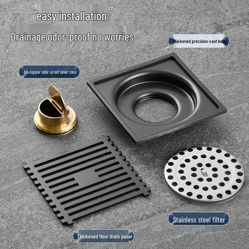 Gunmetal Gray 304 Stainless Steel Odor-Resistant Floor Drain with Copper Core for Shower & Washing Machine.
