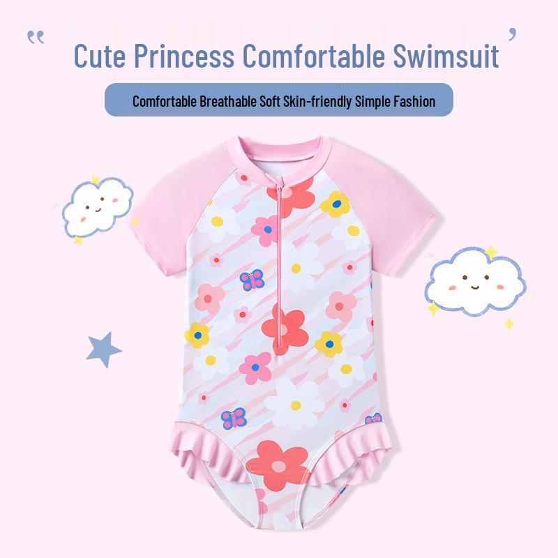 Girls' Cute Pink Floral One-Piece Swimsuit