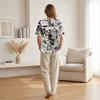 Damenmode Bedrucktes kurzärmeliges Baumwoll-Leinen-Henley-Shirt mit Knopfleiste und Brusttasche für Freizeitkleidung