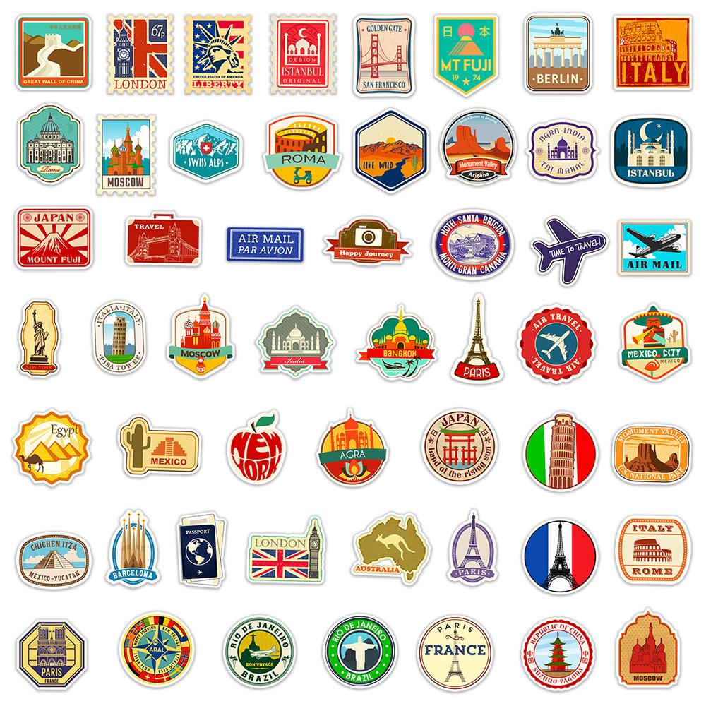 10/30/50pcs Retro World Travel City Landmark Stickers Cartoon Landscape Decals DIY Water Bottle Phone Luggage Sticker Decoration