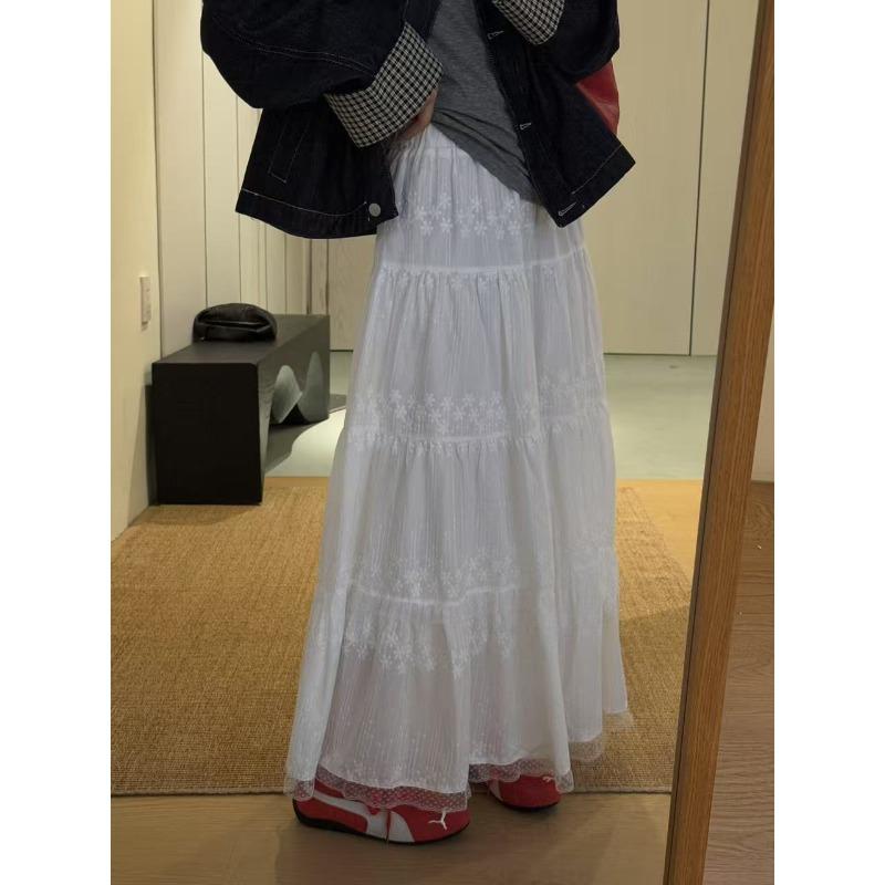 DIMANAF 2025 New Summer Women Skirts Vintage Elastic Pleated Elegant White Skirts Lace High Waist