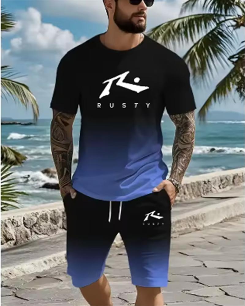 

2025 Летний повседневный мужской комплект из двух частей: футболка с 3D-принтом + шорты, удобный и дышащий мужской комплект из футболки с принтом 6XL