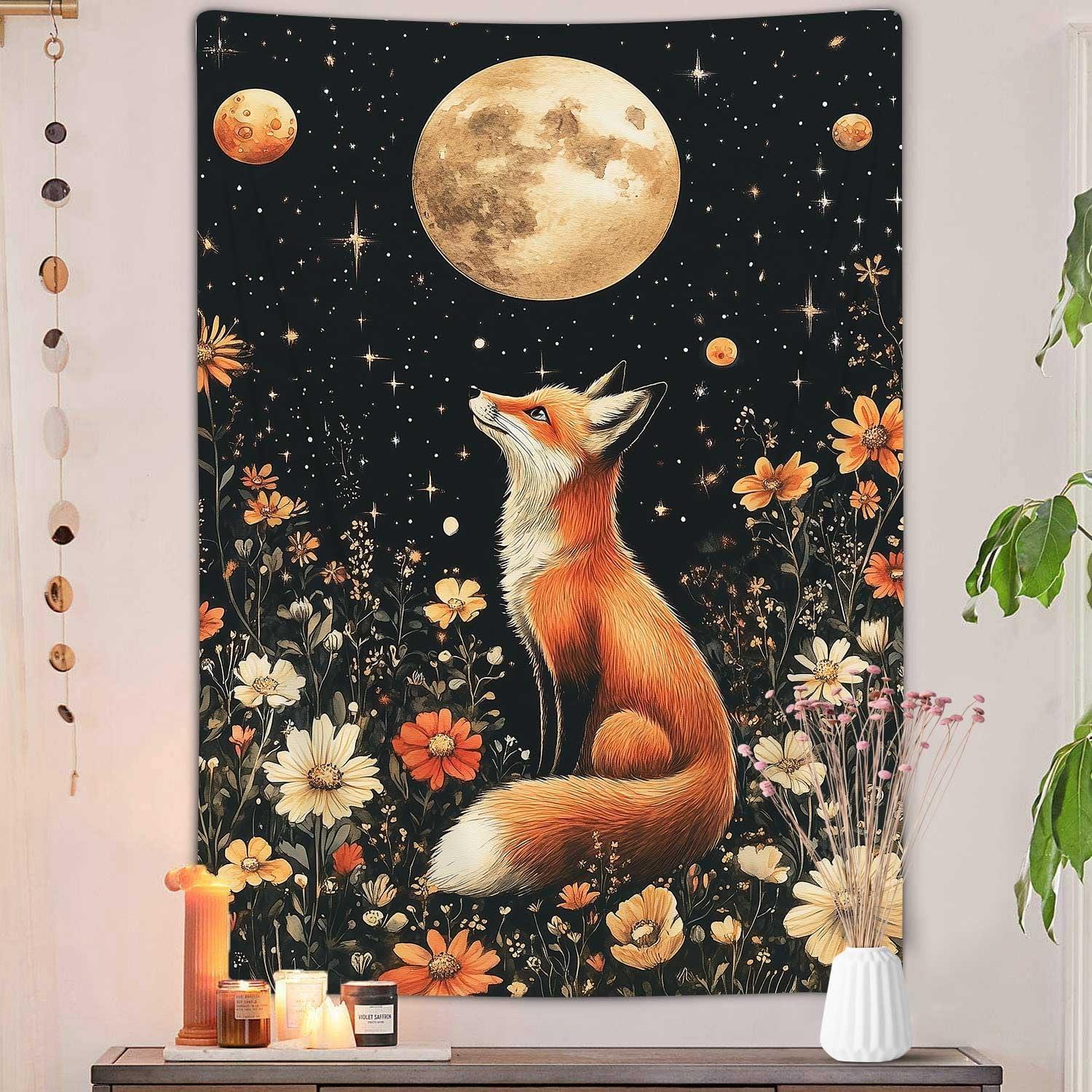 Boho aesthetic fox tapestry vertical retro 75x100
