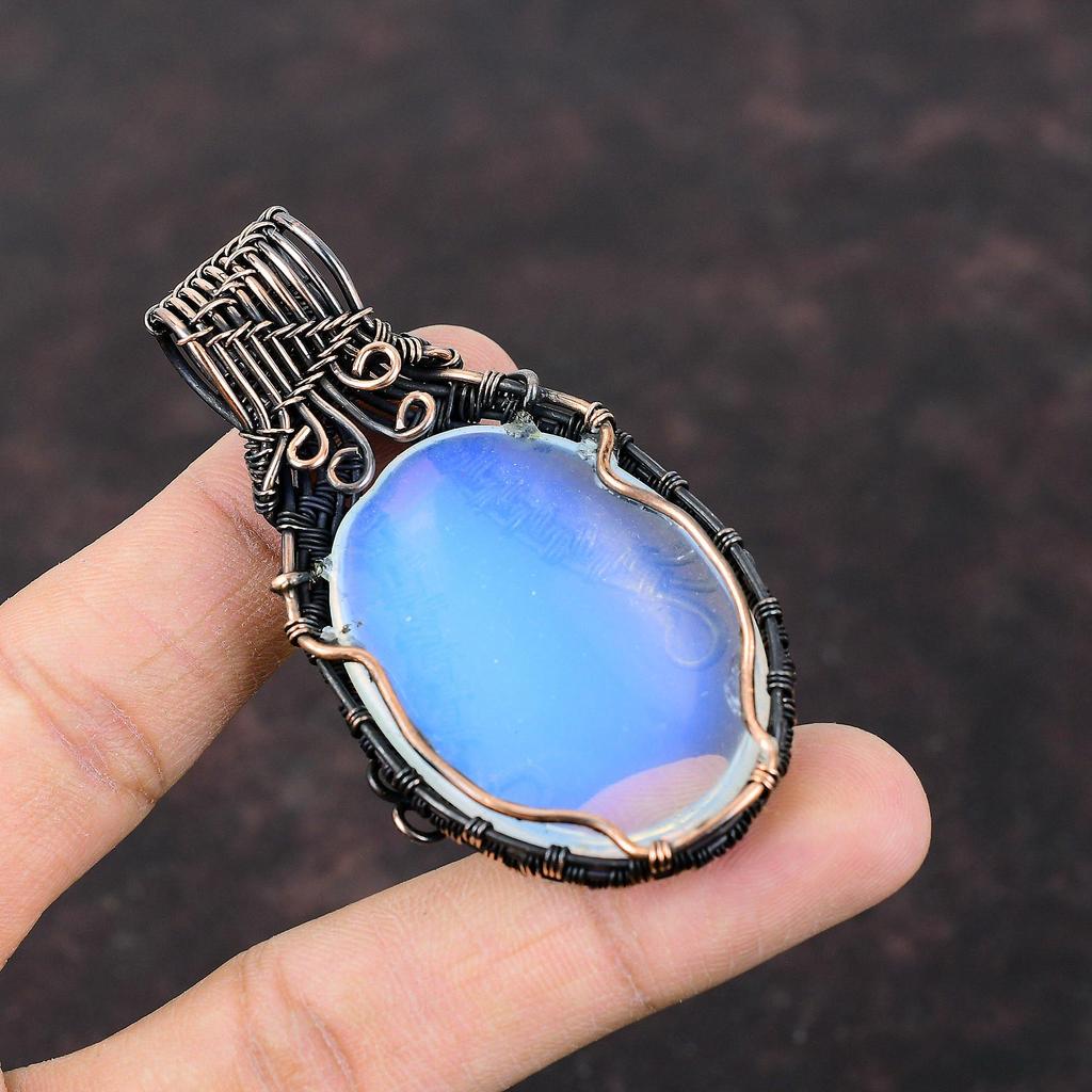 Milky Opal Pendant Copper Wire Wrapped Pendant Handmade Milky Opal Jewelry Gemstone Pendant Copper Wire Wrap Jewelry Unique Pendant For Gift