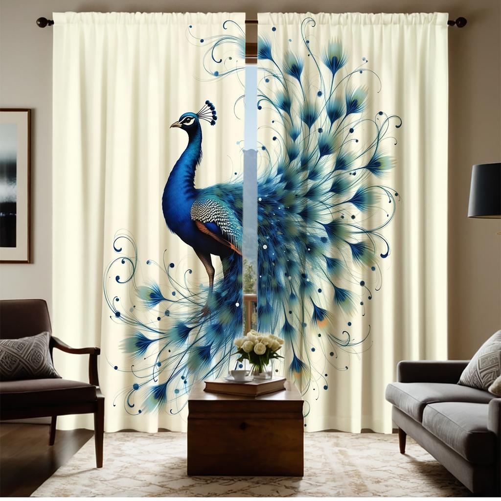2PC Blue Peacock Sheer Curtains – Vibrant Print   Soft Polyester   Pocket Rod   Machine Washable for Living Room & Bedroom