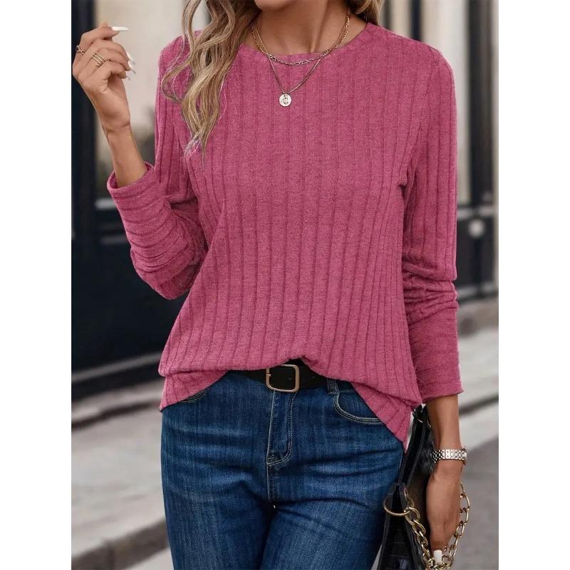 Solid Color Comfortable Round Neck Pit Stripe T-shirts for Spring and Autumn Casual Long Sleeves Women's T-shirts