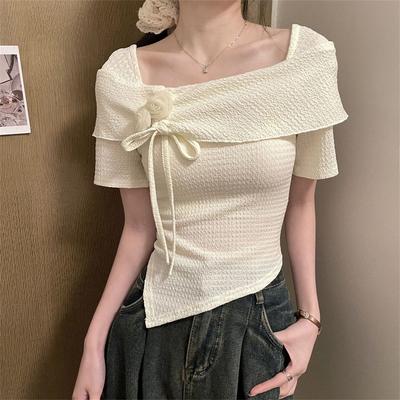 Französischer Eckkragen Schleife Dreidimensionale Blume Krawatte T-Shirt für Damen Sommer Nische Unregelmäßiges Schlüsselbein Freies Oberteil