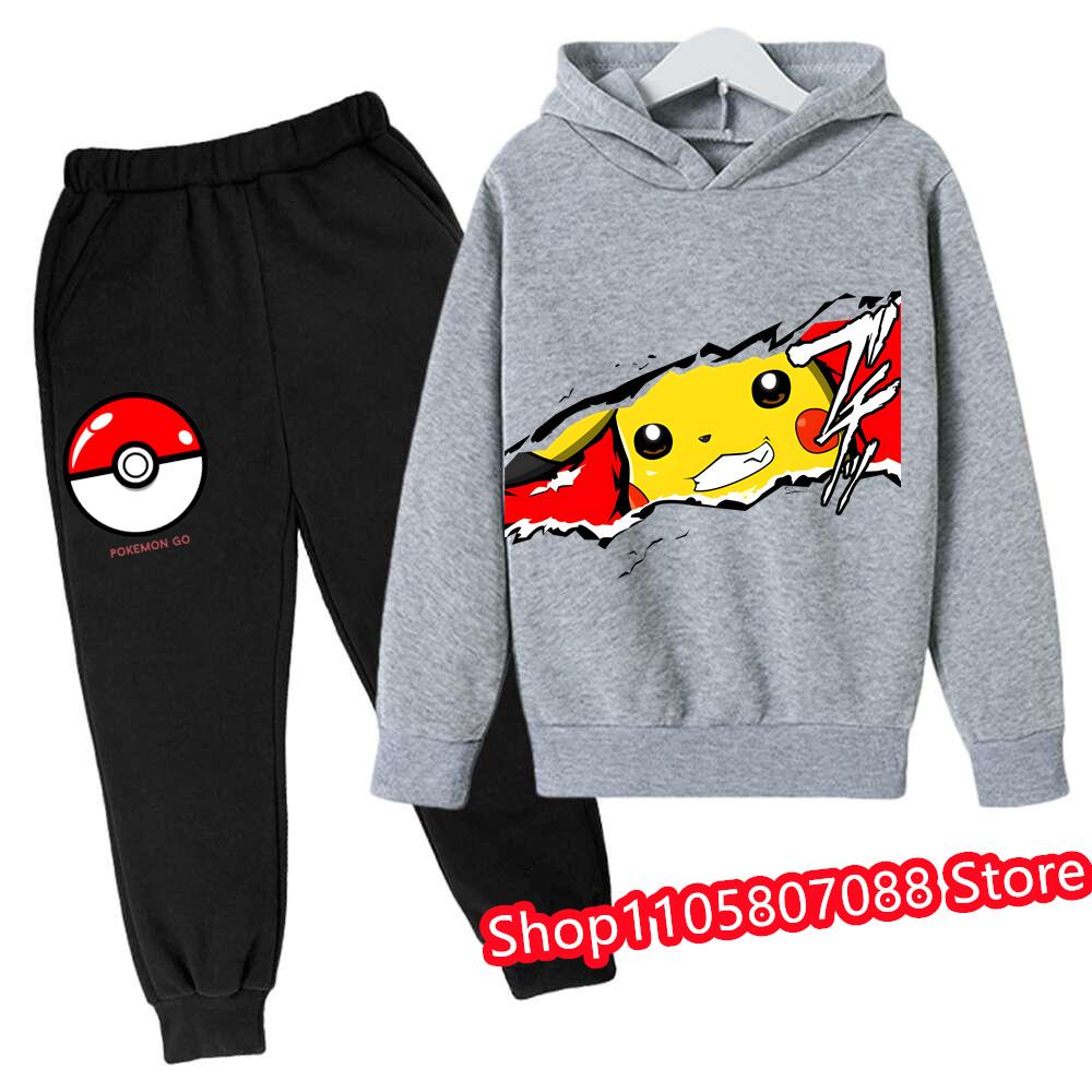 2026 Jaro Podzim 3-14 let Děti Pikachu Kreslená Mikina Set Oblečení pro Kluky Outfit pro Holky