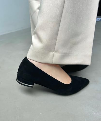 Jumpable Pumps, Flats, Easy To Wear, Suede, Pointed Toe, Cushioned, Low Heel, Black, Perfect for Commuting, Ceremonies, R-3218
