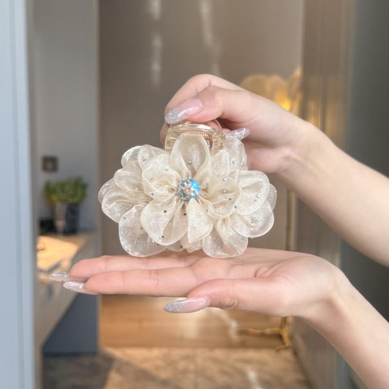 Rhinestone Hair Clip for Woman Elegant Korean Mesh Flower Shark Clip Girl Ponytail Clip Hair Clamp