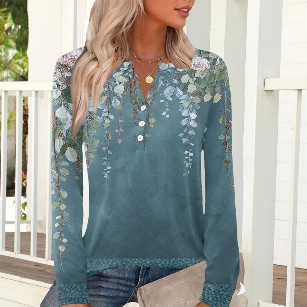 Damen Casual Mode T-Shirt, Vintage Blumendruck, Rundhalsausschnitt, Langarm-Oberteil.