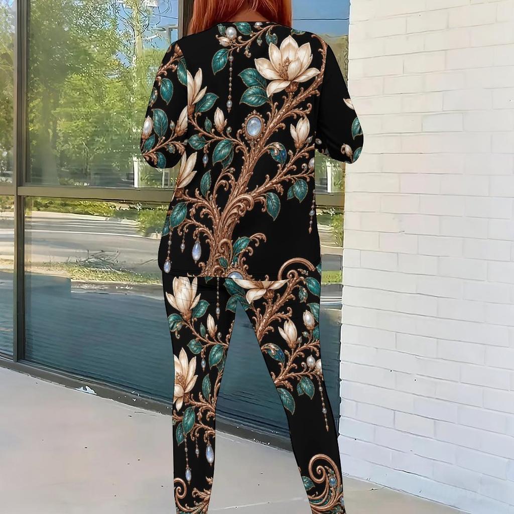 Women Plus Size Round Neck Long Sleeve Floral Printed Top And Fitted Pants Two Piece Set