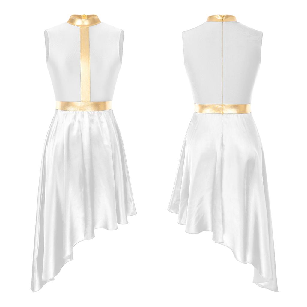 Women's Lyrical Dance Performance Dress: Color Block Patchwork with Invisible Back Zipper & Flowy Asymmetrical Hem