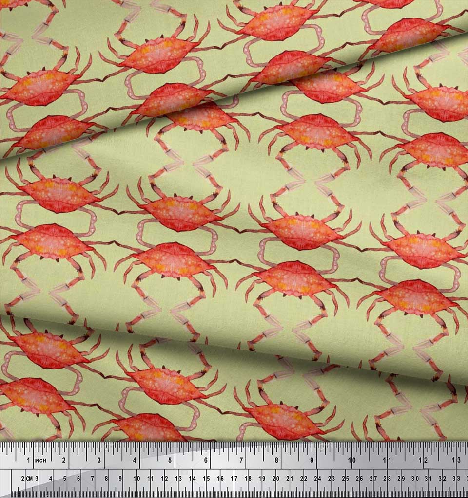 Soimoi Beige Japan Crepe Satin Fabric Crabs Ocean Print Fabric by the metre 42 Inch