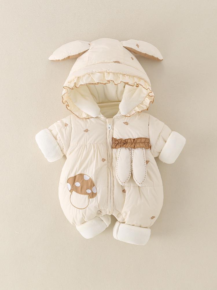 Thickened Fleece-Lined Winter Jumpsuit for Newborn Baby Girls - Cute Hooded Outfit for Outings