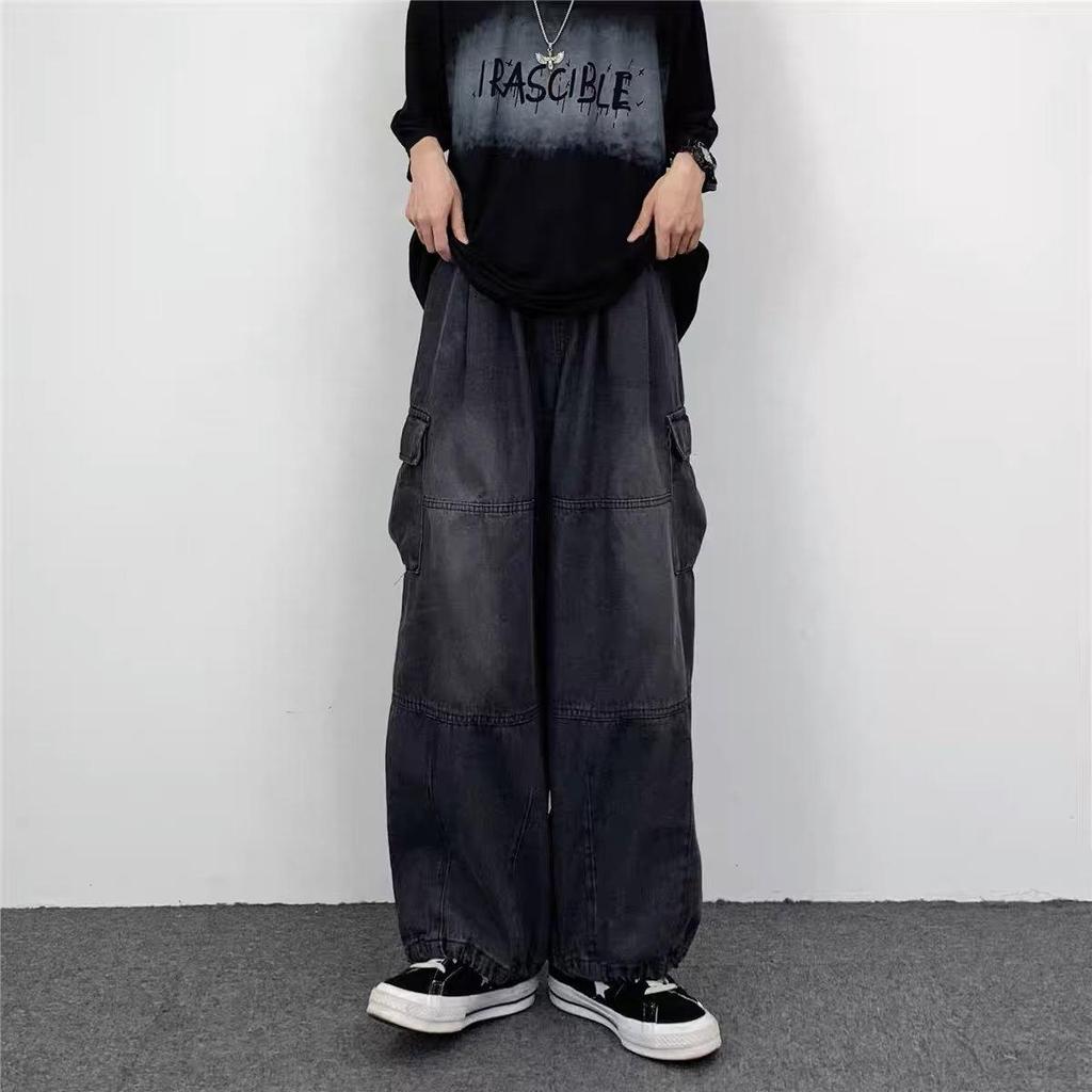 Men's Japanese Retro Wide-Leg Overalls with Large Pockets - Spring/Summer Trendy Loose Fit Jeans