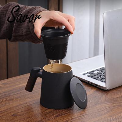 Taza de cerámica de 400 ml con infusor, filtro de cinta para el hogar, taza de doble pared, vajilla de oficina con asa y tapa coladora de té.