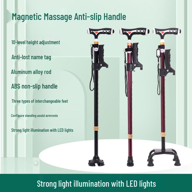 Yunxiang Verstellbare Vierfuß-Gehhilfe für Senioren - Rutschfest, Teleskop-Gehstock mit Licht, Aluminiumlegierung