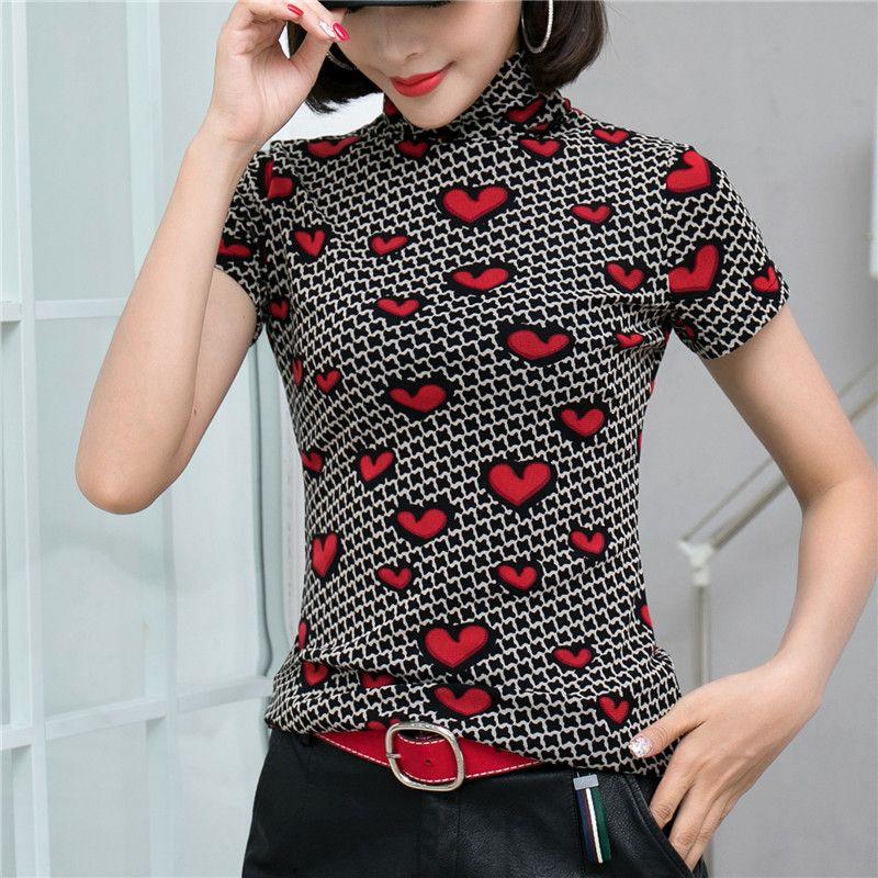 

Женская водолазка с коротким рукавом 2024 Весна Тонкий воротник-стойка Базовая футболка Сетка Черная футболка Модные цветочные топы Мода Black 3XL