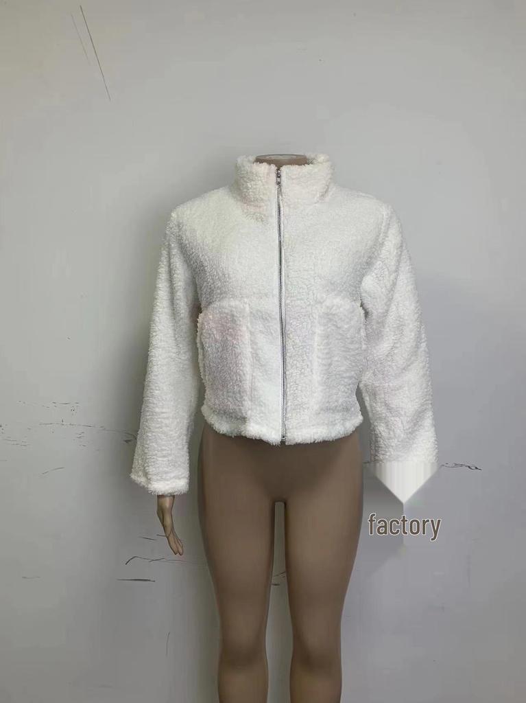2025 Autumn/Winter European and American Women's Plush Lambswool Short Cardigan Jacket