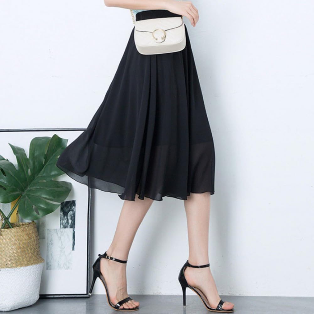 KANO SEIKA Chiffon Flared Floral Plus Loose Elastic Going Free Black Women's Skirt, Knee-Length, Print, A-Line, High-Waist, Sizes, Fit, Waist, Casual,