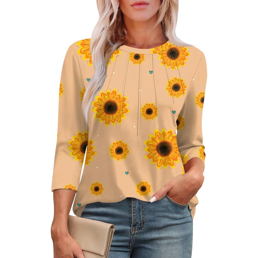 Women's Casual Round Neck Slim Sunflower Print Pleated Seven Sleeve Top