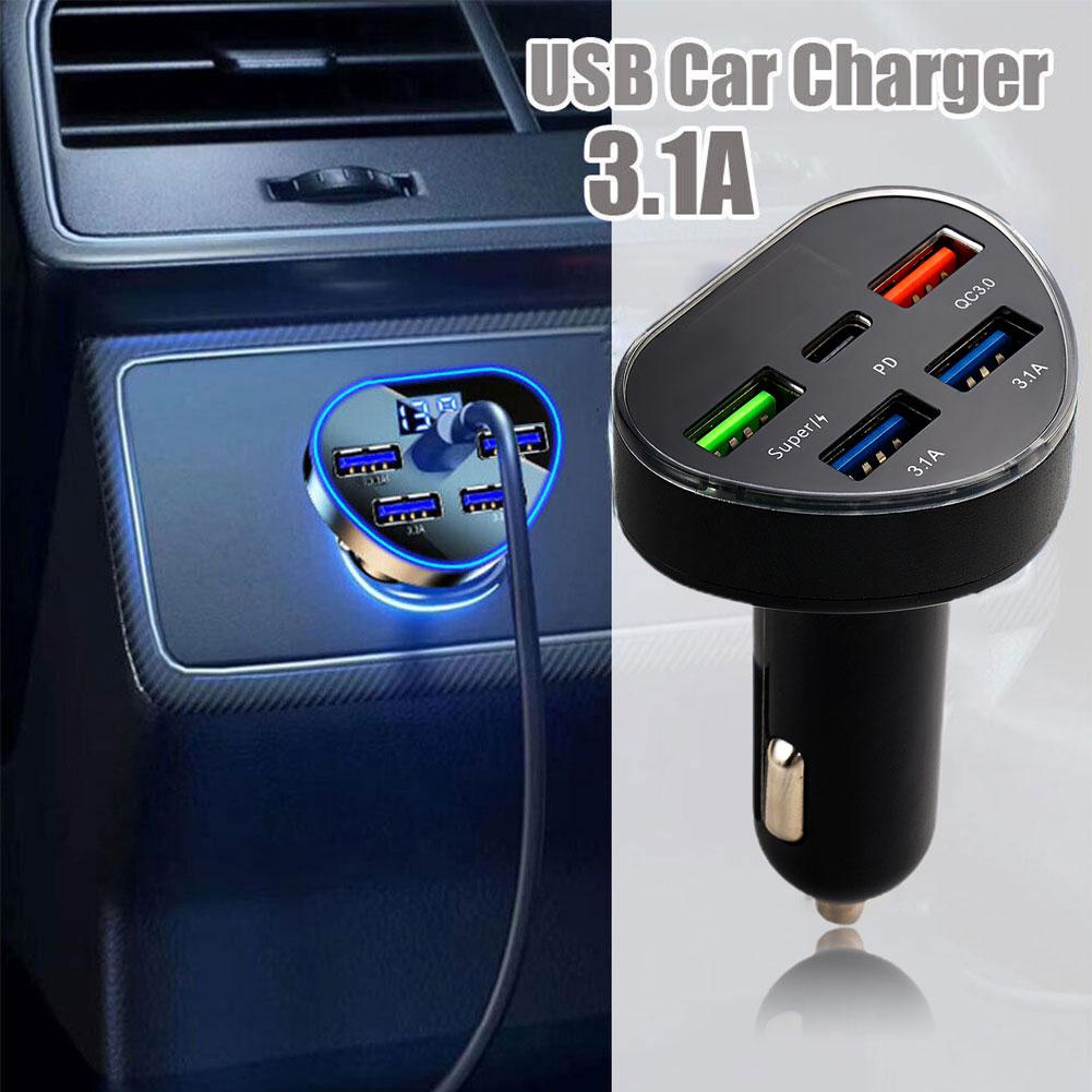 Car Charger 66W Output Fast Charging Adapter PD QC3.0 5 Port 4 USB + 1 PD LED Display Monitor For Travel Car Electronics 1pc