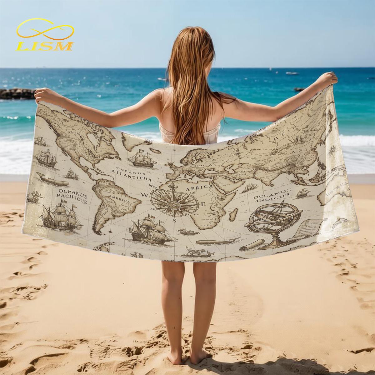 Jmg Household Supplies Lism Vintage World Map Beach Towel, Nautical Sailboat Compass Print, Quick-Dry Absorbent Towel For Beach Pool Vacation