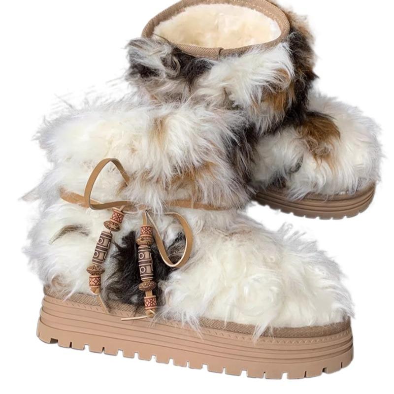 Fashion Bow Bead Fur Platform Women Ankle Snow Boots Flats Plush Cotton Shoes Woman Brand Winter New Trend Warm Casual Shoes Botas Mujer