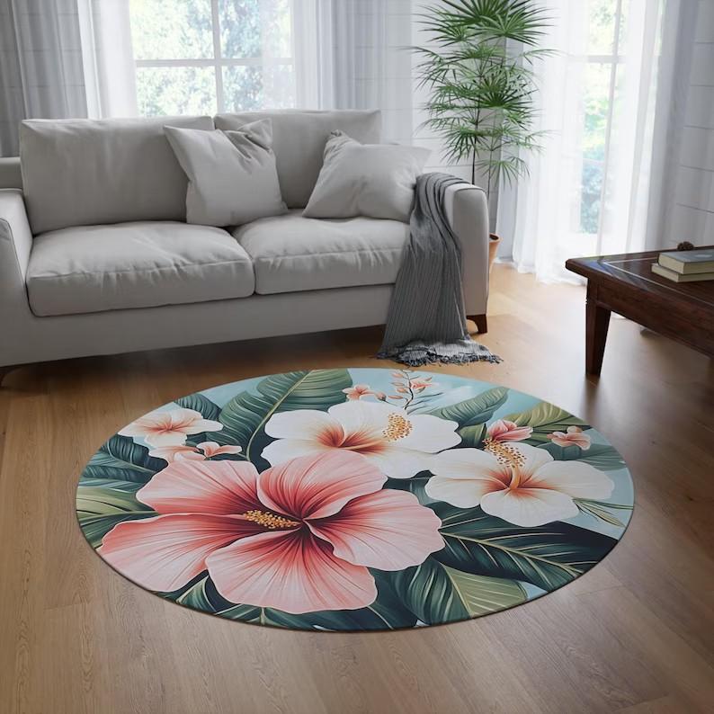 Visual 3D Tropical Hibiscus Plumeria Round Rug Vibrant Floral Carpet Tropical Hibiscus Boho Living Room Bedroom Decoration