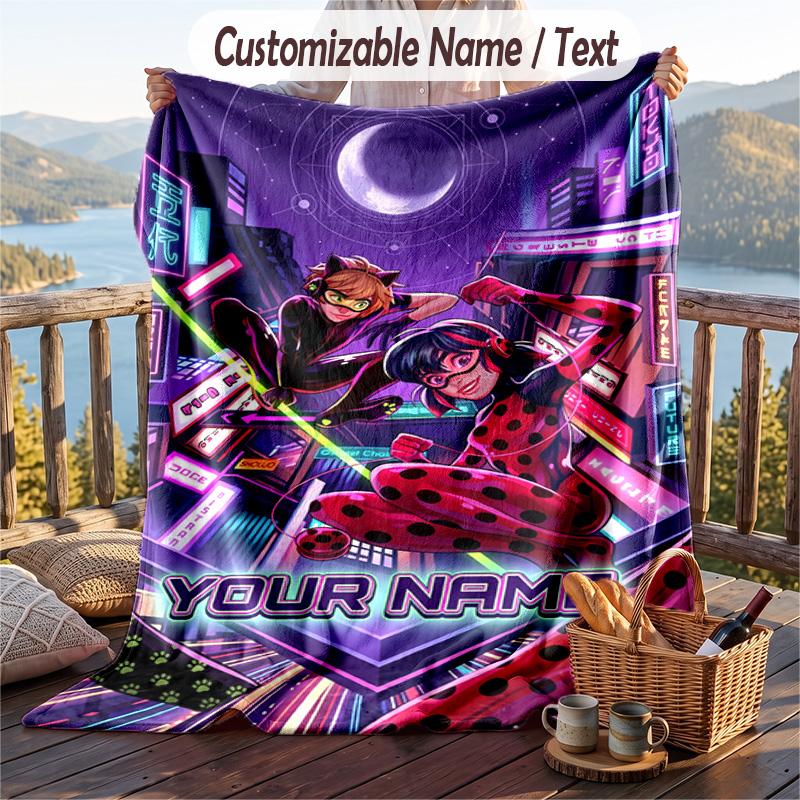 Miraculous Ladybug Flannel Blanket, Personalized Custom Name Text, Soft Warm Plush Throw Blanket For Gift