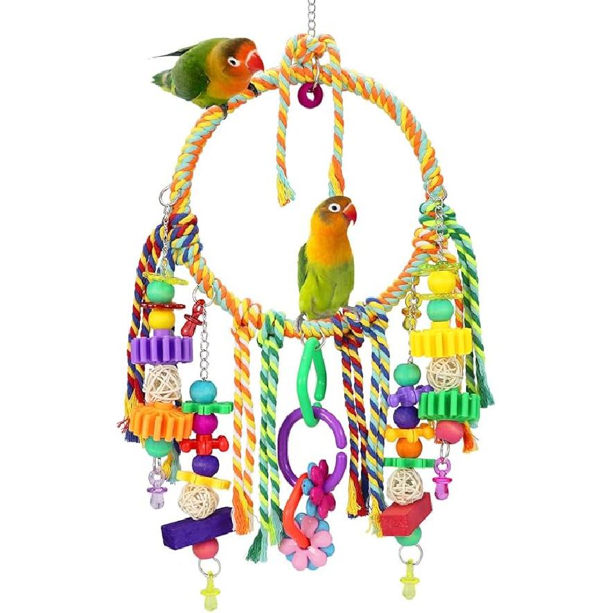 Bunter Baumwollseil-Aufhängring für Vögel, Papageien-Pflege-, Grooming-, Knabber-, Kletter-, Beißspielzeug für Graupapageien, Kakadus, Sittiche