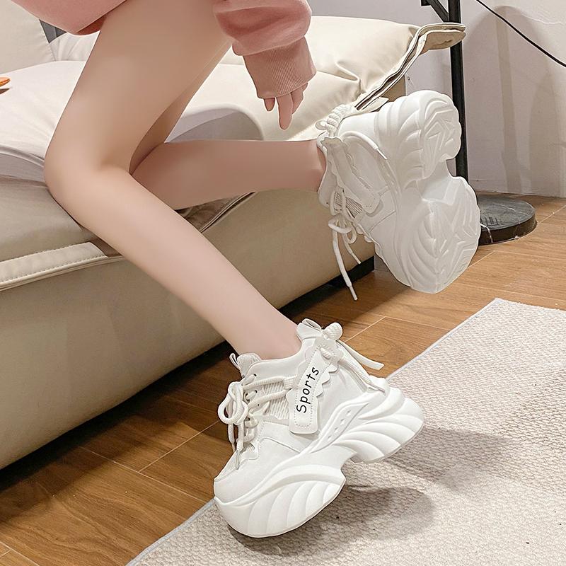 Fashion White Chunky Sneakers Women New Autumn Hidden Heel Platform Sports Dad Shoes Woman Lace Up Breathable Mesh Casual Shoes 10CM