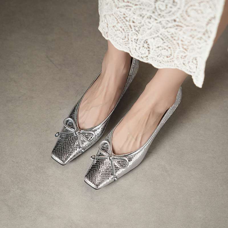 Krazing Pot Sheep Skin Summer Spring Autumn Stiletto Med Heels Butterfly-knot Women Square Toe Shallow Pumps